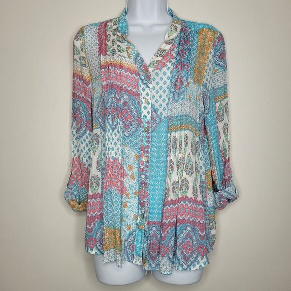 Ruby Rd boho button front roll tab sleeves mix print patchwork size small - Picture 1 of 7